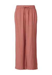 Lichte, wijde broek in stofroze met een elastische tailleband en trekkoord. Gemaakt van een zachte, ademende stof, met een ontspannen pasvorm.