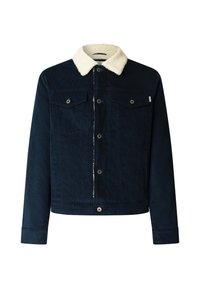 Giacca in corduroy blu navy con colletto in pelliccia sintetica bianca, chiusura frontale con bottoni e due tasche sul petto. Vestibilità su misura, maniche lunghe.