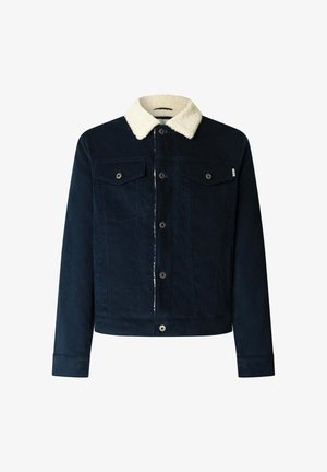 Marineblå corduroyjakke med hvid faux fur-krave, asymmetrisk knaplukning og to brystlommer. Skræddersyet pasform, lange ærmer.