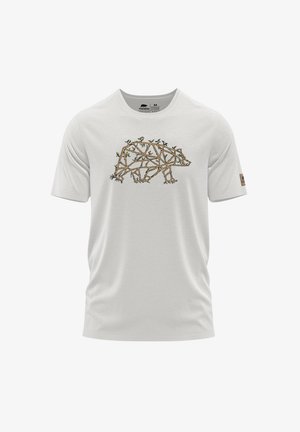 Hellgraues T-Shirt mit kurzen Ärmeln, das ein Bärenmotiv aus Zweigen und Blättern zeigt. Rundhalsausschnitt mit einem Logopatch auf dem Ärmel.