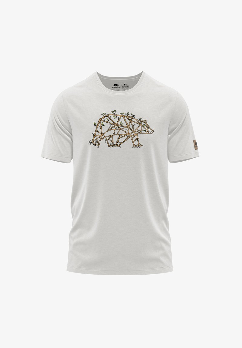 Hellgraues T-Shirt mit kurzen Ärmeln, das ein Bärenmotiv aus Zweigen und Blättern zeigt. Rundhalsausschnitt mit einem Logopatch auf dem Ärmel.