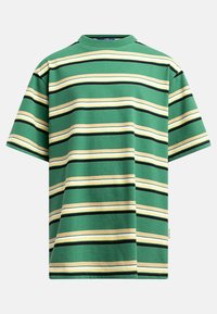 Green short-sleeve t-shirt with horizontal stripes in black, cream, and light yellow. Features a mock neckline and a relaxed fit.