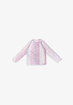 Dziecięca koszula z długim rękawem z wzorem pastelowych różowo-fioletowych łusek syreny, okrągłym dekoltem i dopasowanym krojem.