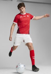 Sarkans futbola krekls ar īsām piedurknēm, baltām akcentiem, Puma logo un Šveices emblēmu. Baltas bikses un sarkanas zeķes. Melni futbola zābaki.