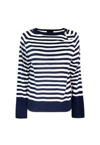 Maglione a righe navy e bianche con maniche lunghe, scollatura rotonda e un dettaglio decorativo con bottone sulla spalla sinistra. Tessuto morbido.