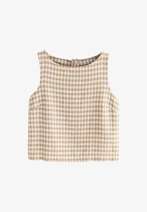 Besiūlis trumpas viršus smėlio spalvos ir baltos spalvos languotu raštu, suapvalintu kaklu, tekstūruota medžiaga ir sagomis už nugaros.