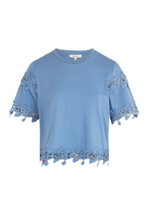 T-shirt a maniche corte azzurro chiaro, in morbido cotone, con dettagli in pizzo floreale sulle maniche e sull'orlo, design cropped.