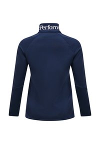 Camicetta a maniche lunghe blu navy con colletto alto. Presenta testo bianco sul colletto. Tessuto liscio e atletico con un design aderente e spalle senza cuciture.