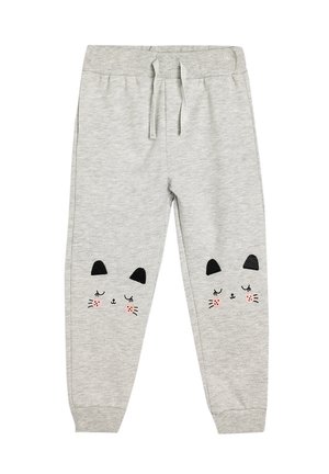 Pantalones de chándal grises hechos de una tela suave con cintura ajustable. Presenta diseños de caras de gato bordadas en cada rodilla en negro y rosa.