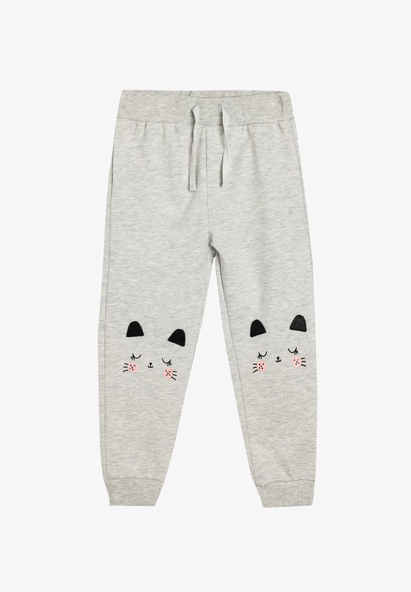 Gray sweatpants made of soft fabric with a drawstring waist. Features embroidered cat face designs on each knee in black and pink.