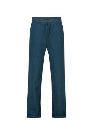 Donkerblauwe sweatpants met elastische taille, trekkoord en elastische boorden, vooraanzicht op een witte achtergrond.