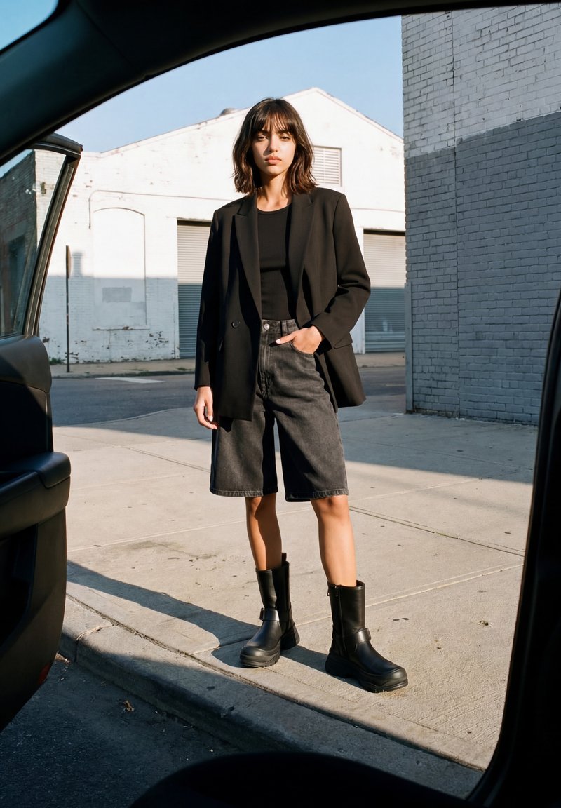 Femme en blazer noir, haut noir, short au niveau des genoux et bottes noires, debout sur le trottoir à côté d'une portière de voiture ouverte.