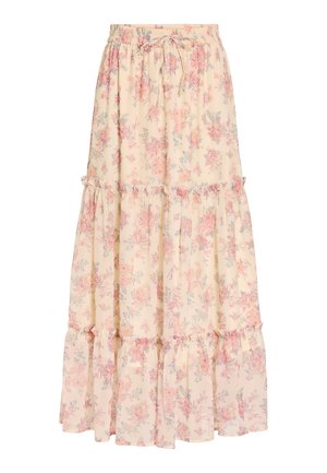 Falda larga beige con estampado floral rosa, cintura elástica con cordón y detalles de volantes en capas.