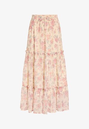 Μακριά μπεζ φούστα με ρόζ φλοράλ σχέδιο, ελαστική μέση με κορδόνι και διακοσμητικές στρώσεις με βολάν.