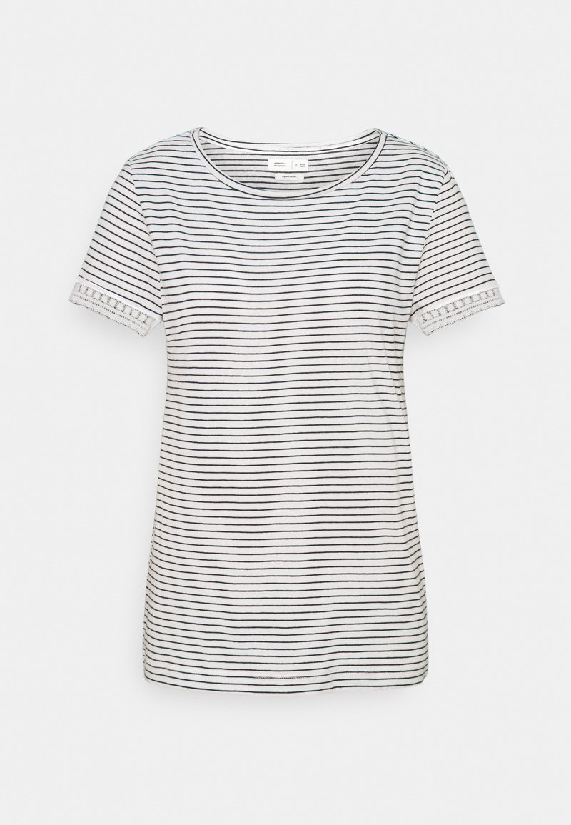 Camiseta a rayas en blanco y negro, de material de algodón, de manga corta con borde de encaje, cuello redondo, corte ligeramente ajustado.