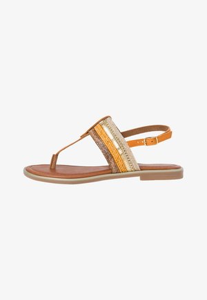 Sandalo con suola in pelle marrone e cinturini intrecciati colorati che presentano sfumature di giallo, arancione e dettagli metallici. Cinturino alla caviglia regolabile.