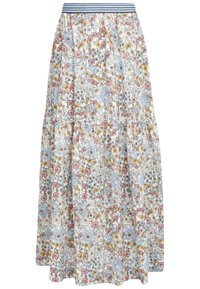 Jupe longue fleurie avec des fleurs bleues, roses et jaunes sur fond blanc, dotée d'une ceinture élastique rayée bleu et blanc.