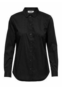 Chemise noire à manches longues avec boutons, col, manches avec poignets et ourlet arrondi.