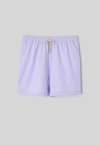 Shorts de bain pour hommes de couleur violet clair avec taille élastique, cordon beige, poches latérales et petit logo blanc sur la jambe gauche.