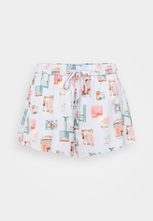 Lightweight, white swim shorts featuring a colorful abstract pattern with pink, blue, and green accents; elastic waistband with a drawstring.