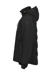 Giacca isolante nera con cappuccio, dotata di una cerniera frontale, tasche laterali, polsini con Velcro e un logo circolare sulla parte superiore del braccio.