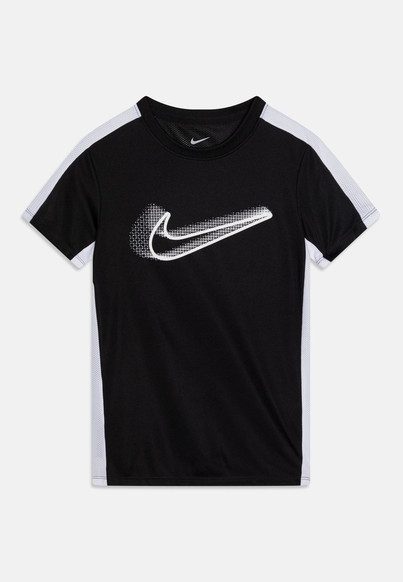 Crna sportska majica s bijelim Nike logom i sivim mrežastim bočnim panelima. Kratki rukavi, okrugli izrez i glatka tekstura tkanine.
