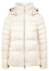 Krämfärgad puffjacka med frontdragkedja, hög krage, fast justerbar huva och horisontell quiltad sömnad.
