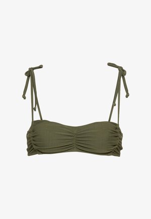 Olivo zelen zgornji del bikinija z naborki spredaj in nastavljivimi trakovi na ramenih, ki so na koncih zavezani v vozle.