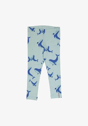 Blå leggings med delfinmønster lavet af blødt, strækbart stof, med en lyseblå baggrund og forskellige nuancer af blå delfiner.