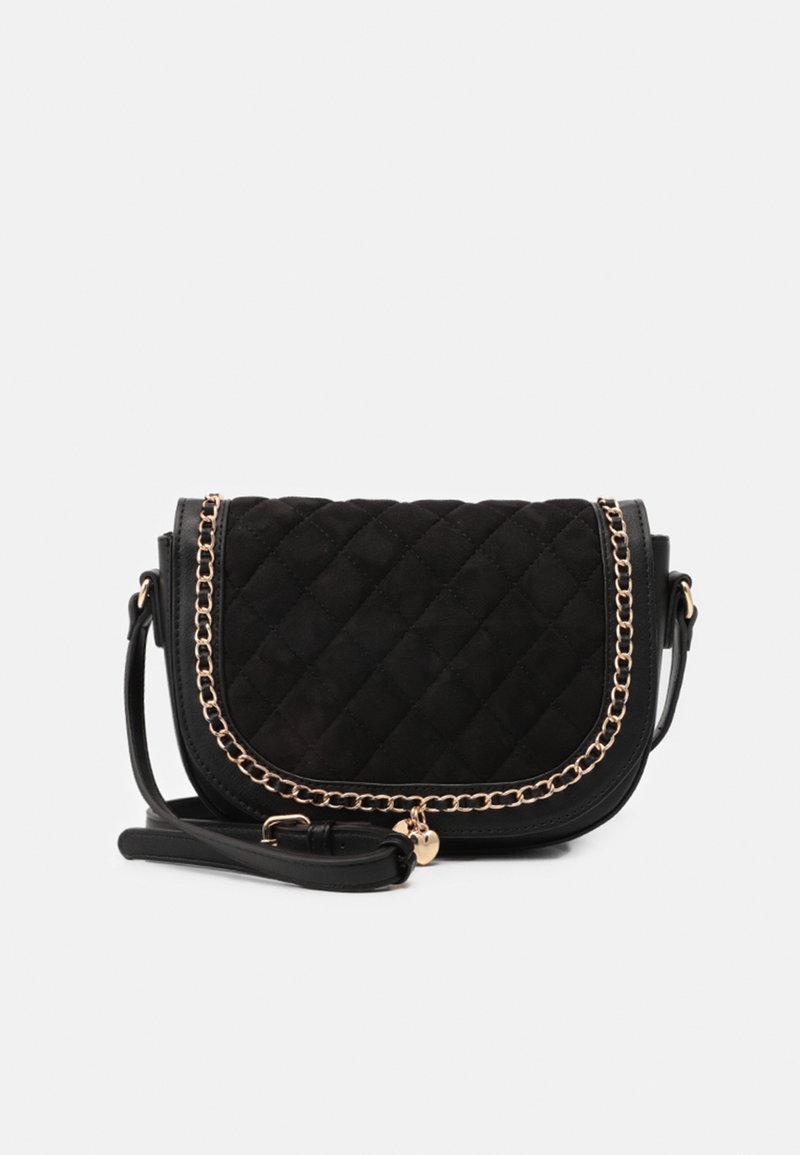 Borsa a tracolla nera trapuntata con design elegante, catena dorata come dettaglio e tracolla regolabile. Realizzata in pelle con finitura testurizzata.