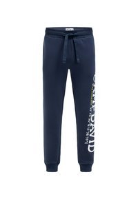 Marineblaue Jogginghose aus weichem Stoff, mit elastischem Bund und Kordelzug, gerippten Bündchen und einem gedruckten Motiv am linken Bein.