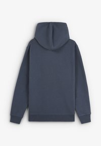 Bluza z kapturem w ciemnym granacie, o luźnym kroju, z ribbami na mankietach i gładką fakturą. Brak widocznych elementów metalowych i wzorów.