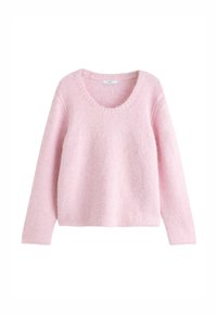 Lyserød sweater lavet af blødt, fuzzy materiale med rund halsudskæring og lange ærmer. Den har en afslappet pasform og en subtil tekstur over det hele.