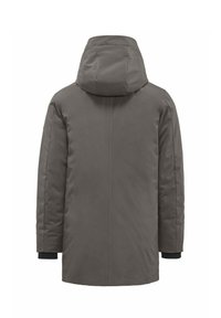 Parka grigia isolata con cappuccio, caratterizzata da una texture liscia, maniche lunghe e polsini a coste. Il retro ha un design pulito con cuciture verticali.