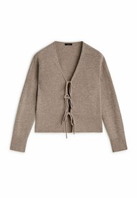 Beigenvärinen villainen neuletakki, jossa V-pääntie ja solmittava kiinnitys. Neuletakissa on resorit hihansuissa ja helmassa, mikä tarjoaa pehmeän tekstuurin ja lyhyen istuvuuden.