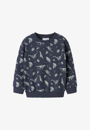 Marineblaues Sweatshirt mit Dinosaurier- und Fossilmuster in Hellgrün. Hergestellt aus weichem Stoff mit gerippten Bündchen und Saum.