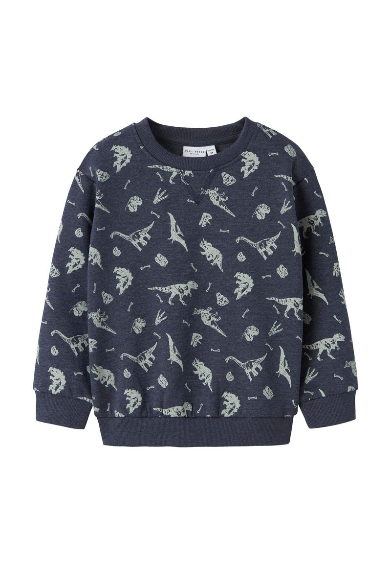 Felpa blu navy con un motivo di dinosauri e fossili in verde chiaro. Realizzata in tessuto morbido con polsini e orlo a coste.