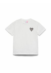 T-shirt en coton blanc à manches courtes, ornée d'un motif de cœur en léopard noir et marron sur le côté gauche de la poitrine.