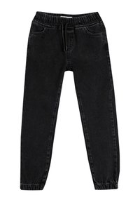 Los pantalones de mezclilla negros cuentan con una cinturilla elástica con cordón, dos bolsillos frontales y piernas ajustadas con puños elásticos.