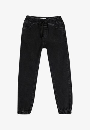 Sorte denimbukser har en elastisk talje med snor, to forlommer og tætsiddende ben med elastiske ståhedder.
