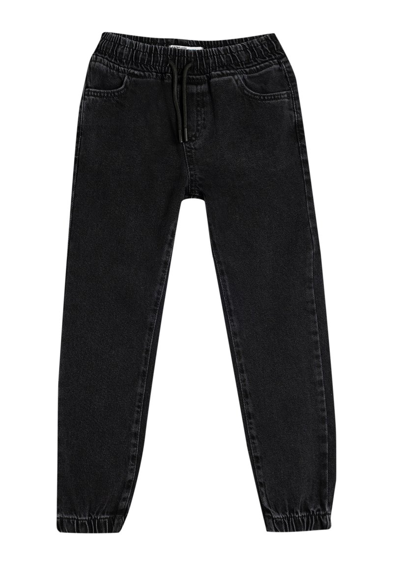 Los pantalones de mezclilla negros cuentan con una cinturilla elástica con cordón, dos bolsillos frontales y piernas ajustadas con puños elásticos.