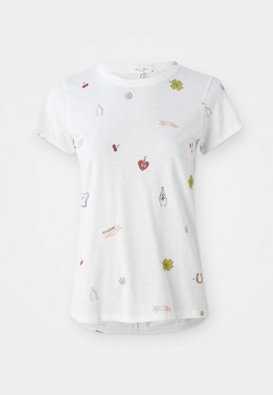 Hvit bomull T-skjorte med spredte håndtegnede design, inkludert hjerter, stjerner og kløver, med rund hals og korte ermer.