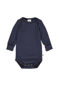 Modrý body s dlouhým rukávem vyrobené z měkké látky, s kulatým výstřihem, manžetovými rukávy a patentkami na spodní části.