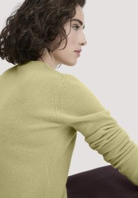 Limegrüner Strickpullover mit Rundhalsausschnitt, gerippten Bündchen und einem strukturierten Muster auf der Schulter. Weicher Stoff liegt bequem an.