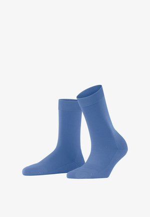 Blue cotton socks with ribbed cuffs, mid-calf length, smooth texture, and seamless toe construction. Suitable for casual wear.