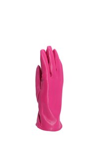 Guanto in pelle rosa, lungo, dal design aderente con una texture liscia. Presenta cinque dita e punte arrotondate. Nessun hardware visibile o motivi.