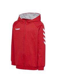 Chaqueta con capucha roja hecha de material suave, con cremallera, forro interior gris y rayas diagonales blancas en las mangas.