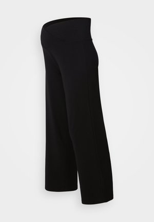 Black maternity wide-leg pants with a high waistband, crafted from soft, stretchy fabric. Features a relaxed fit and smooth texture.