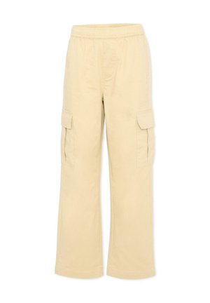 Pantalon cargo beige avec ceinture élastique et poches à rabat sur chaque cuisse, coupe droite, style décontracté.