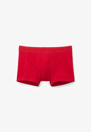 Boxers en coton rouge avec une coupe ajustée, présentant une ceinture texturée avec le nom de la marque "TEZENIS" en relief. Coutures plates et tissu extensible.